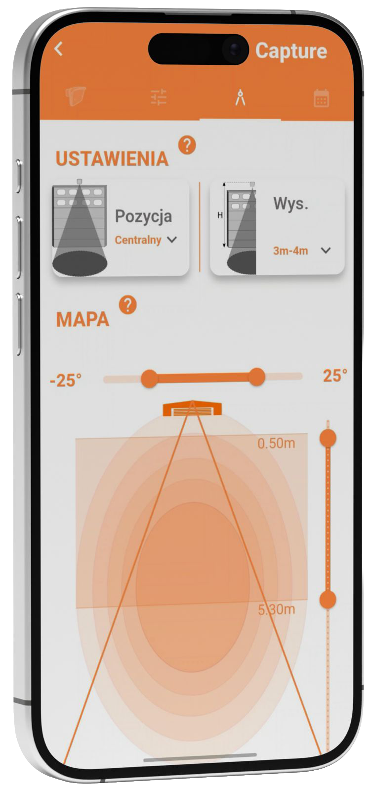 Aplikacja CAPTURE SENSORS – konfiguracja pozycji, wysokości i pola detekcji radaru